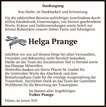 Traueranzeige von Helga Prange von Uelzen