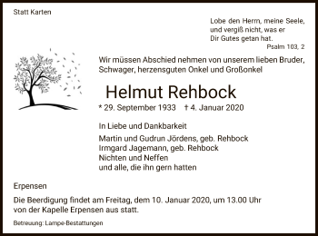 Traueranzeige von Helmut Rehbock von Uelzen