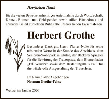 Traueranzeige von Herbert Grothe von Uelzen