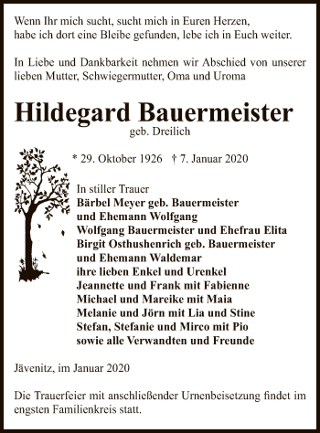 Traueranzeige von Hildegard Bauermeister von Uelzen