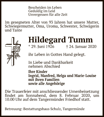 Traueranzeige von Hildegard Tumm von Uelzen