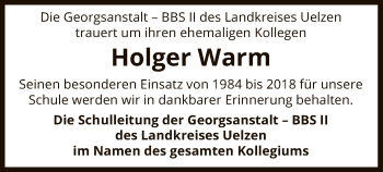 Traueranzeige von Holger Warm von Uelzen