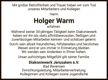 Traueranzeige von Holger Warm von Uelzen