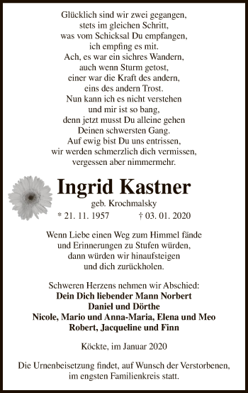 Traueranzeige von Ingrid Kastner von Uelzen