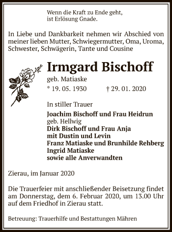 Traueranzeige von Irmgard Bischoff von Uelzen