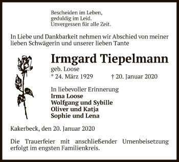 Traueranzeige von Irmgard Tiepelmann von Uelzen