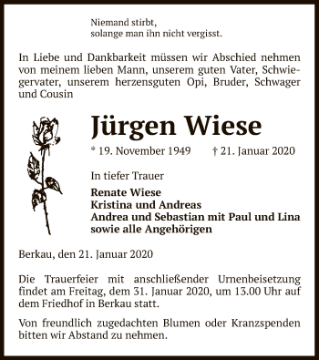 Traueranzeige von Jürgen Wiese von Uelzen