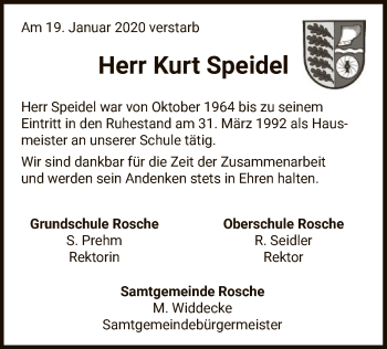 Traueranzeige von Kurt Speidel von Uelzen