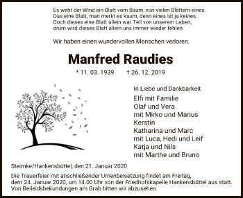 Traueranzeige von Manfred Raudies von Uelzen