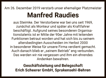 Traueranzeige von Manfred Raudies von Uelzen