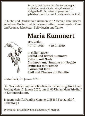 Traueranzeige von Maria Kummert von Uelzen