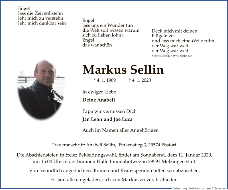  Traueranzeige für Markus Sellin vom 07.01.2020 aus Uelzen