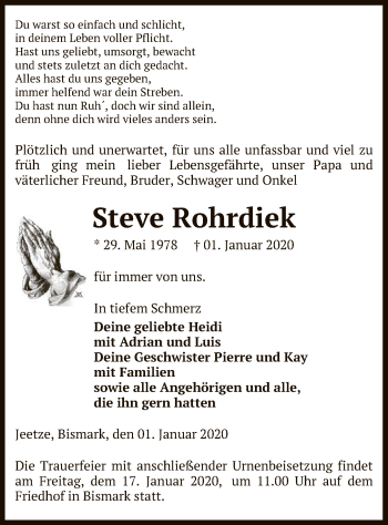 Traueranzeige von Steve Rohrdiek von Uelzen