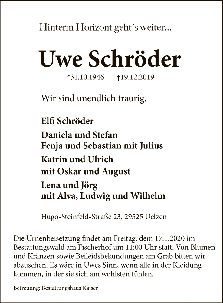  Traueranzeige für Uwe Schröder vom 11.01.2020 aus Uelzen