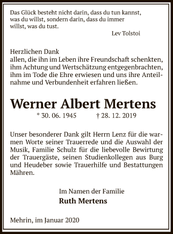 Traueranzeige von Werner Albert Mertens von Uelzen