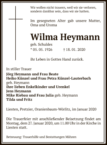 Traueranzeige von Wilma Heymann von Uelzen