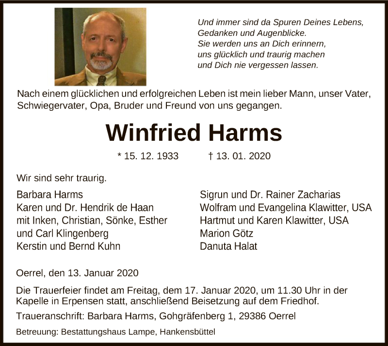  Traueranzeige für Winfried Harms vom 15.01.2020 aus Uelzen