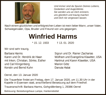 Traueranzeige von Winfried Harms von Uelzen