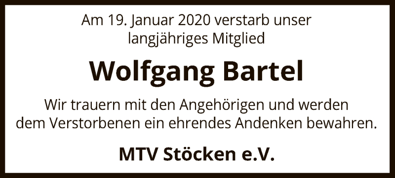  Traueranzeige für Wolfgang Bartel vom 24.01.2020 aus Uelzen