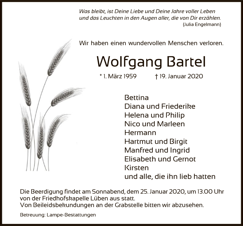  Traueranzeige für Wolfgang Bartel vom 22.01.2020 aus Uelzen