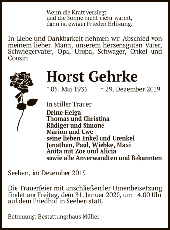 Traueranzeige von kea Horst Gehrke von Uelzen