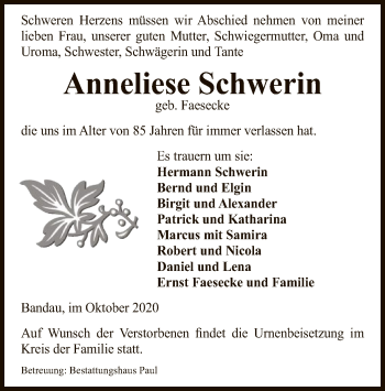 Traueranzeige von Anneliese Schwerin von UEL