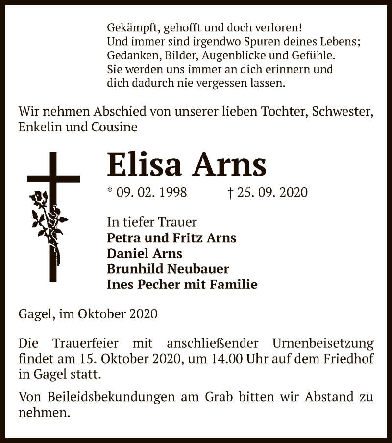  Traueranzeige für Elisa Arns vom 02.10.2020 aus UEL