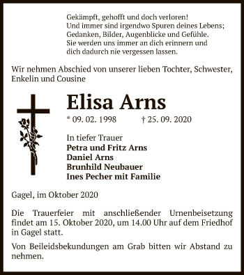 Traueranzeige von Elisa Arns von UEL