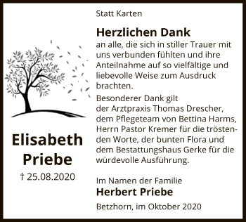 Traueranzeige von Elisabeth Priebe von UEL