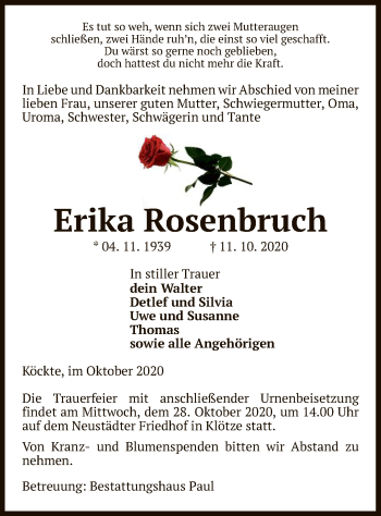 Traueranzeige von Erika Rosenbruch von UEL