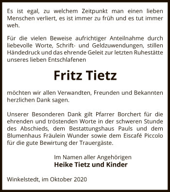 Traueranzeige von Fritz Tietz von UEL