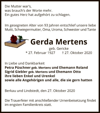 Traueranzeige von Gerda Mertens von UEL