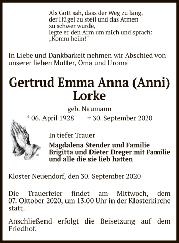 Traueranzeige von Gertrud Emma Anna Lorke von UEL