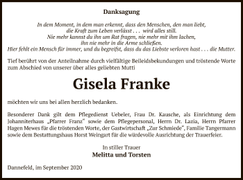 Traueranzeige von Gisela Franke von UEL