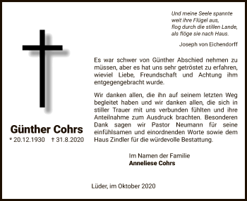 Traueranzeige von Günther Cohrs von UEL