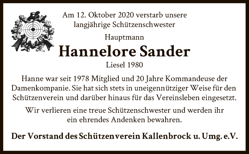  Traueranzeige für Hannelore Sander vom 20.10.2020 aus UEL