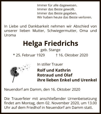 Traueranzeige von Helga Friedrichs von UEL