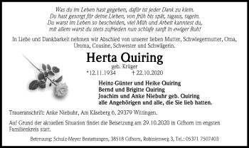 Traueranzeige von Herta Quiring von UEL