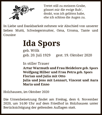 Traueranzeige von Ida Spors von UEL