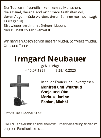 Traueranzeige von Irmgard Neubauer von UEL