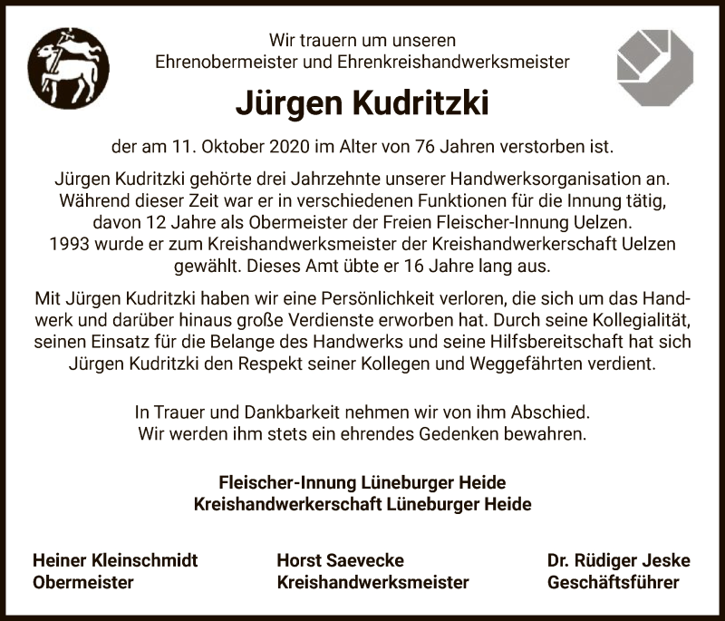  Traueranzeige für Jürgen Kudritzki vom 17.10.2020 aus UEL