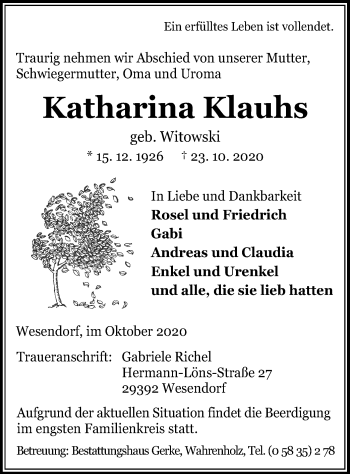 Traueranzeige von Katharina Klauhs von UEL