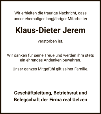 Traueranzeige von Klaus-Dieter Jerem von UEL