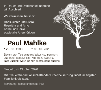 Traueranzeige von Paul Mahlke von UEL