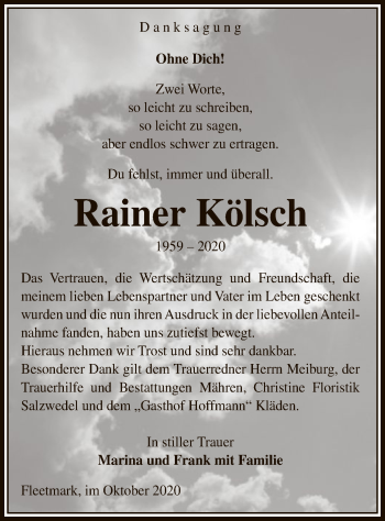 Traueranzeige von Rainer Kölsch von UEL