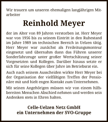 Traueranzeige von Reinhold Meyer von UEL