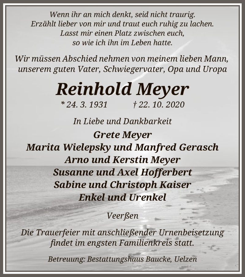  Traueranzeige für Reinhold Meyer vom 24.10.2020 aus UEL