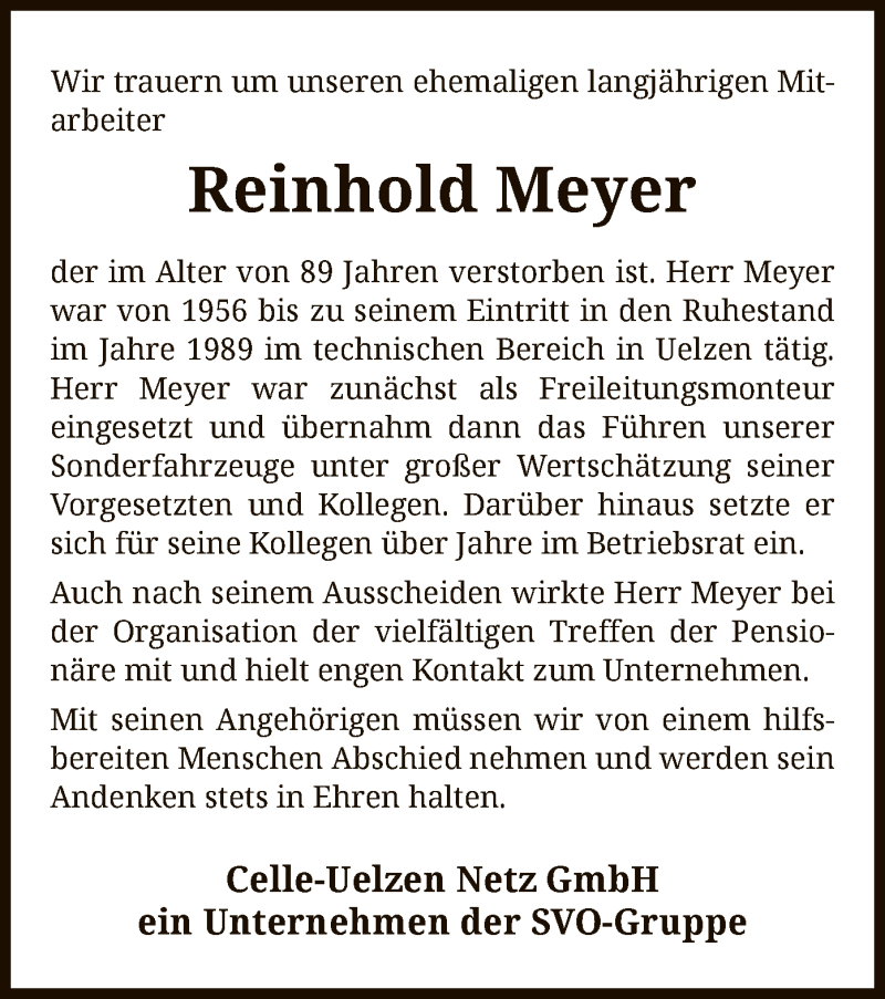  Traueranzeige für Reinhold Meyer vom 24.10.2020 aus UEL