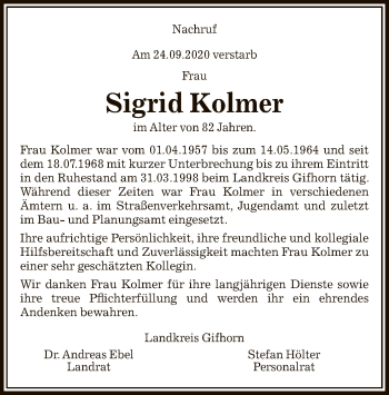 Traueranzeige von Sigrid Kolmer von UEL