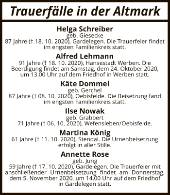 Traueranzeige von Sterbetafel vom 22.10.2020 von UEL